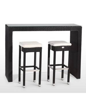 Conjunto de mesa alta con tapa de cristal + 6 taburetes de rattan Conjunto de mesa alta con tapa de cristal + 6 taburetes de rattan