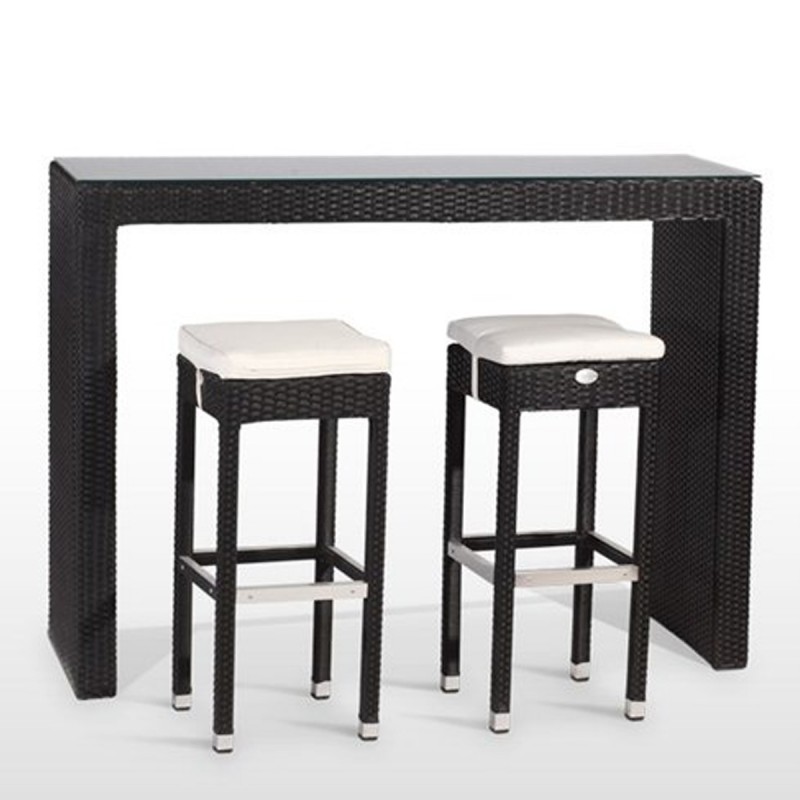 Conjunto de mesa alta con tapa de cristal + 6 taburetes de rattan