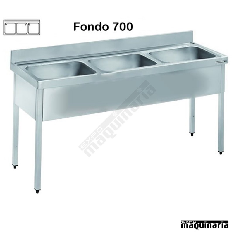 Fregadero acero inox. con bastidor Tres Cubetas Fondo 700