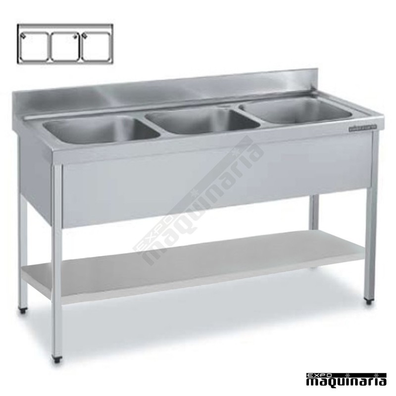 Fregadero acero inox. con estante 3 Cubetas