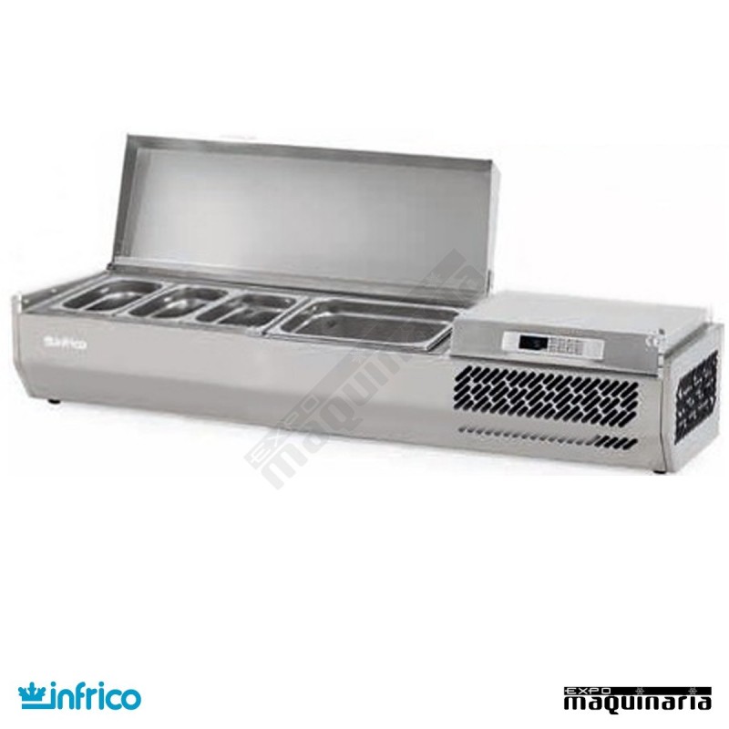 Vitrinas tapa inox pizzas para 3 cubetas de 1/3 y 1 de 1/2 tapa inox.