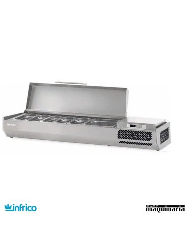 Vitrinas ingredientes pizzerias 5 cubetas GN 1/3 y 1 de 1/2 con tapa inox
