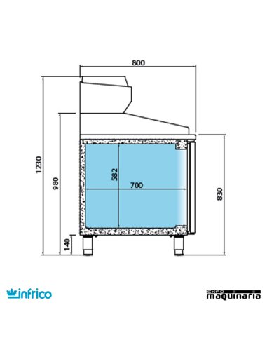 Mesa refrigerada para pizzas (173,8 x 80 cm) cajones medidas