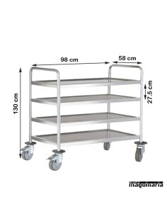 Carro de servicio acero inox 4 bandejas de 90 cm PU80310