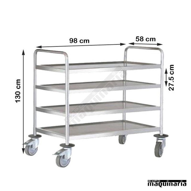 Carro de servicio acero inox 4 bandejas de 90 cm PU80310