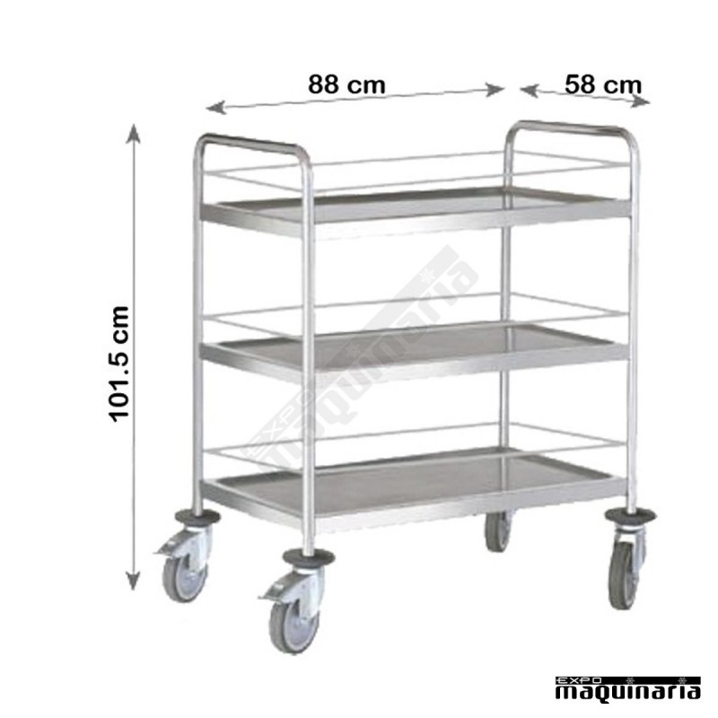 Carro de servicio con barandilla 3 bandejas de 80 cm PU80941