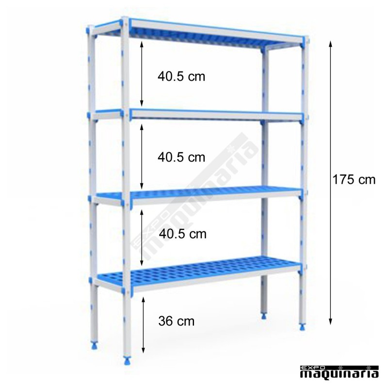 Estantería 4 niveles de aluminio y polipropileno. Fondo38.5