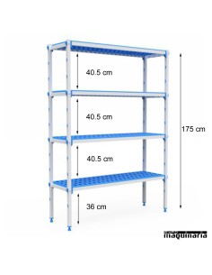 Estantería 4 niveles de aluminio y polipropileno. Fondo55.5