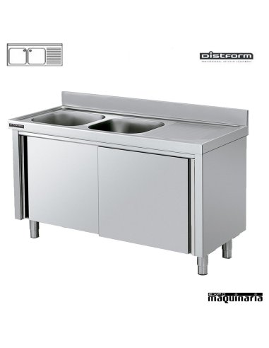 Fregadero industrial con mueble, 2 cubetas y escurridor derecha 210x70