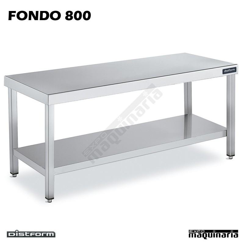 Mesa CENTRAL Acero Inox FONDO 800 CON ESTANTE con patas regulables