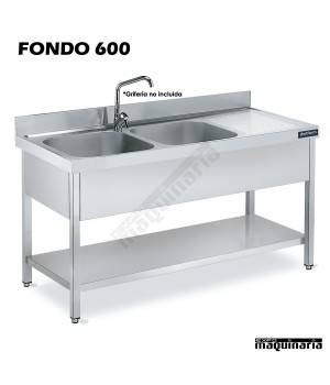 Fregadero industrial inox, bastidor, 2 cubetas, escurridor y estante