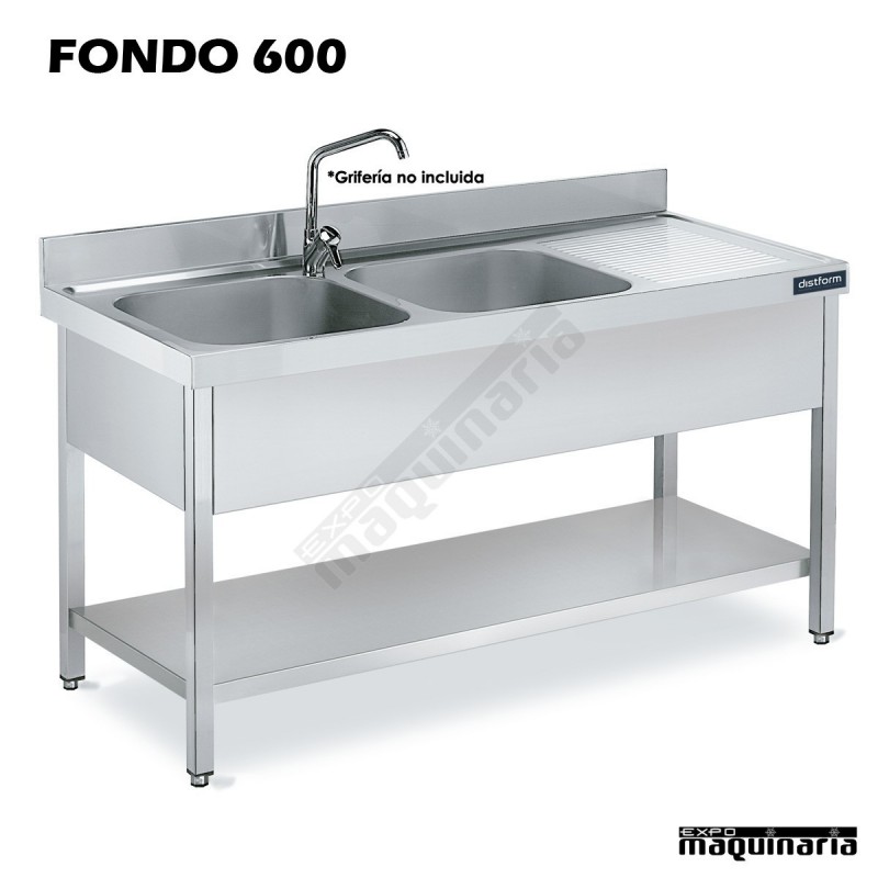 Fregadero inox. con bastidor, 2 Cubetas, estante y escurridor Fondo 600