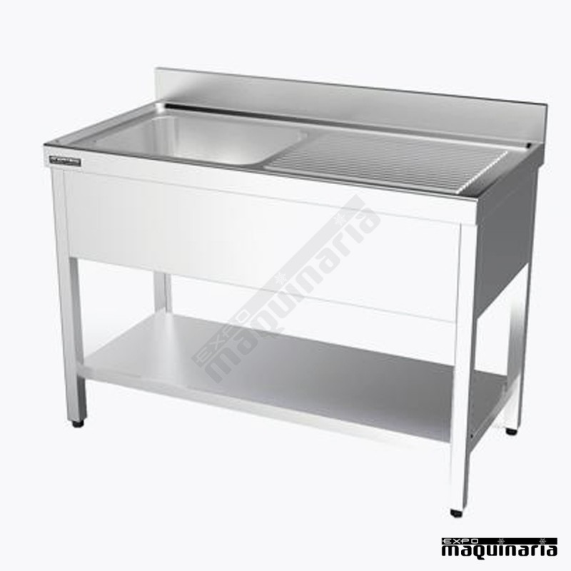Fregadero industrial inox, bastidor, 2 cubetas, escurridor y estante
