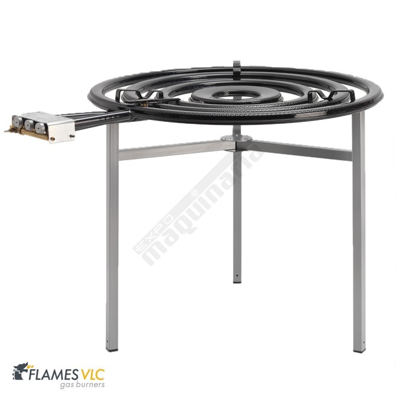 Quemador paellero a gas en acero inox con soporte. Diámetro 56cm. Potencia  26Kw. Válvula seguridad, llama