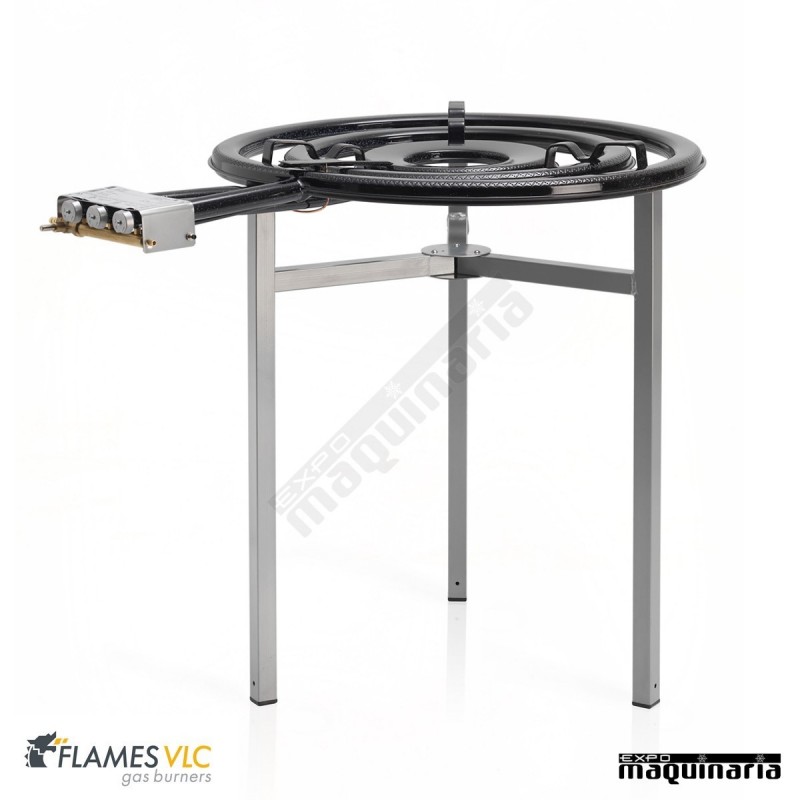 Quemador paellero a gas en acero inox con soporte. Diámetro 56cm. Potencia  26Kw. Válvula seguridad, llama