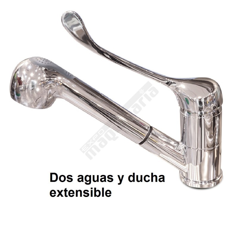  Grifo de sobremesa, monomando codo, 2 aguas y ducha extensible