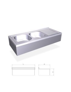 Fregadero inox colgante con faldón, 2 cubetas y escurridor derecho