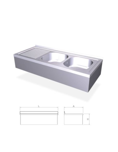 Fregadero inox colgante con faldón, 2 cubetas y escurridor derecho