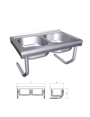 Fregadero inox colgante con palomillas y dos cubetas