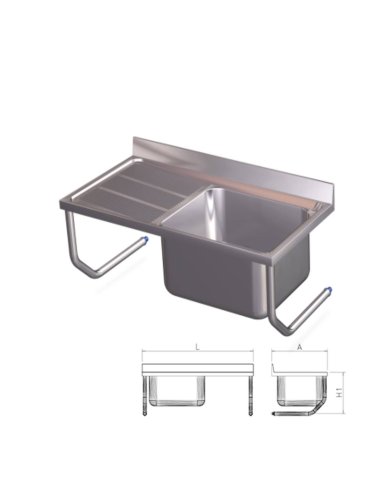 Fregadero inox colgante con palomillas, una cubeta y escurridor derecho