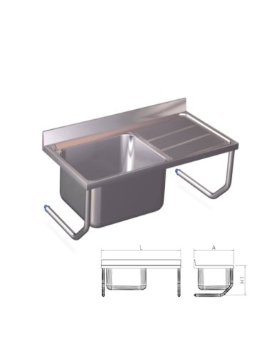 Fregadero inox colgante con palomillas, una cubeta y escurridor derecha