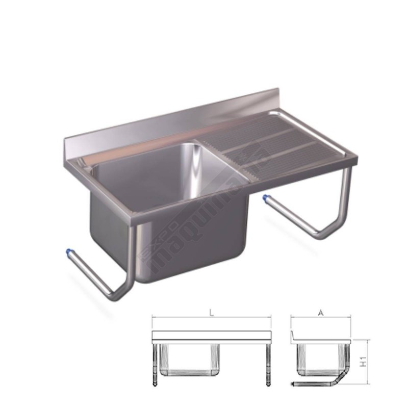 Fregadero inox colgante con palomillas, una cubeta y escurridor derecha