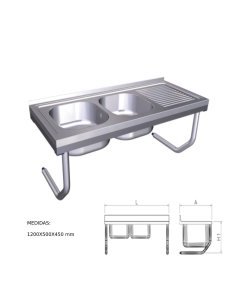 Fregadero inox colgante con palomillas, 2 cubetas y escurridor derecha