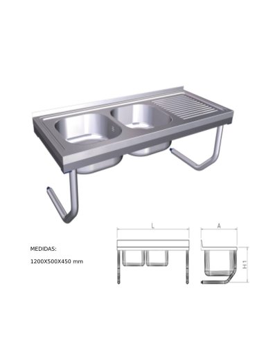 Fregadero inox colgante con palomillas, 2 cubetas y escurridor derecha