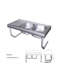 Fregadero inox colgante con palomillas, 2 cubetas y escurridor derecha 2