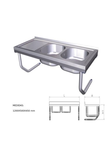 Fregadero inox colgante con palomillas, 2 cubetas y escurridor derecha