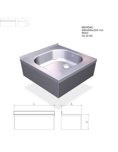 Fregadero inox colgante con faldón con una cubeta, Medidas 800x600x320 mm