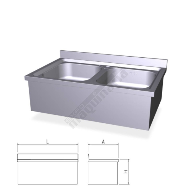 Fregadero inox colgante con faldón y dos cubetas. ref FR054422