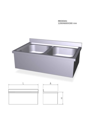 Fregadero inox colgante con faldón y dos cubetas.Ref FR054424