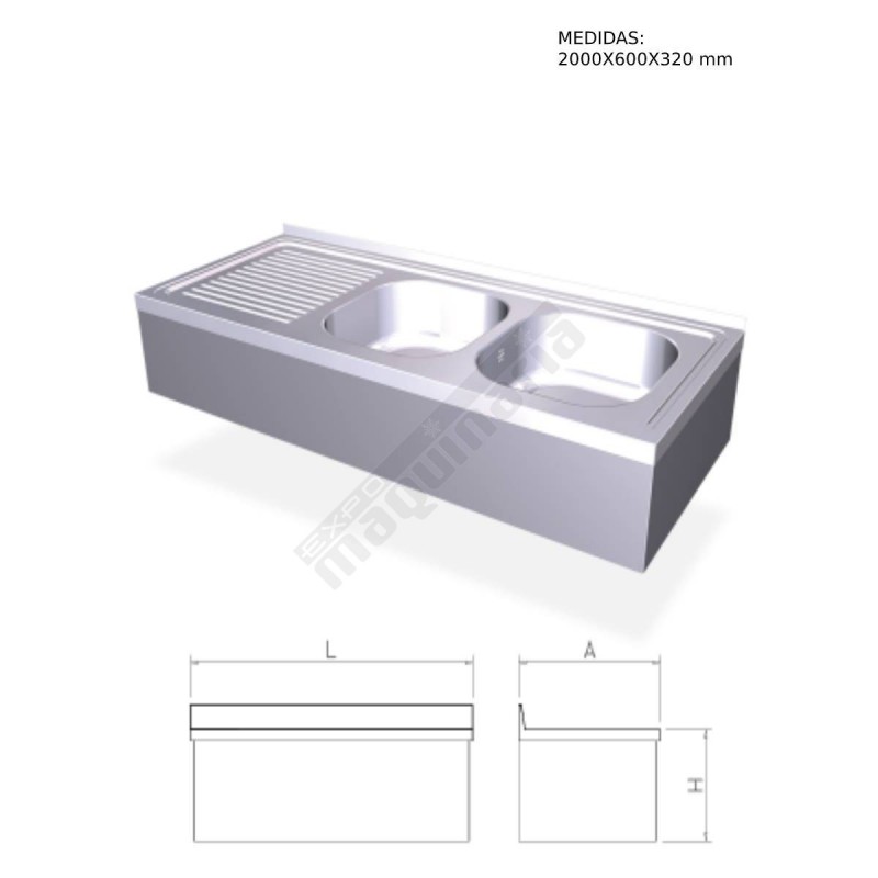 Fregadero inox colgante , 2 cubetas y escurridor derecho FR054440