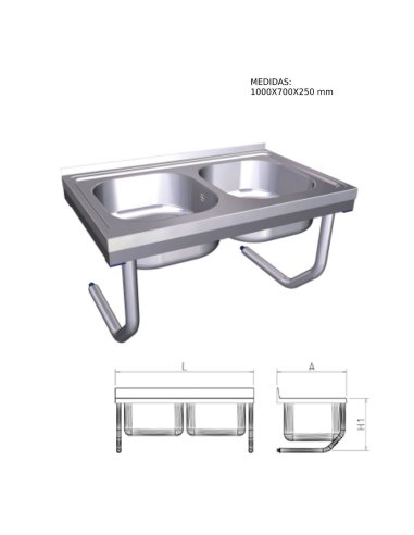 Fregadero inox colgante con palomillas y dos cubetas