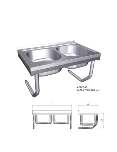 Fregadero inox colgante con palomillas y dos cubetas