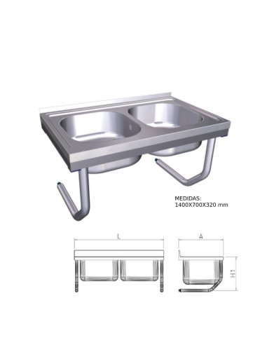 Fregadero inox colgante con palomillas y dos cubetas