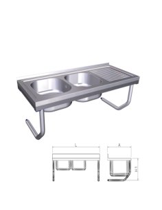 Fregadero inox colgante con palomillas, 2 cubetas y escurridor derecho FR055832 