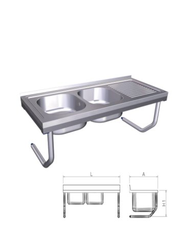 Fregadero inox colgante con palomillas, 2 cubetas y escurridor derecho FR055832 