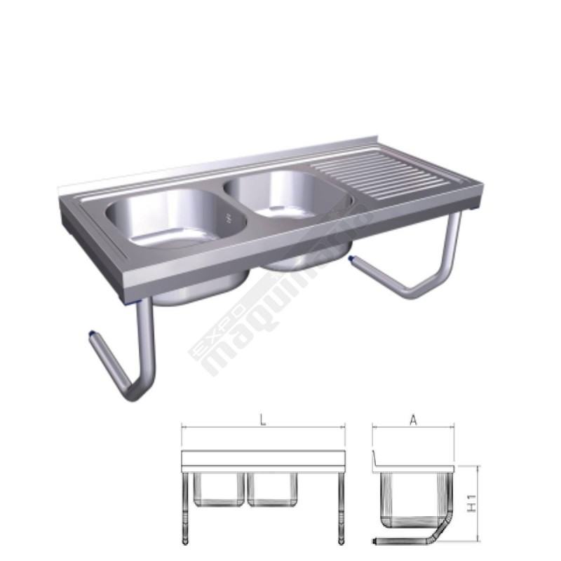 Fregadero inox colgante con palomillas, 2 cubetas y escurridor derecho FR055832 