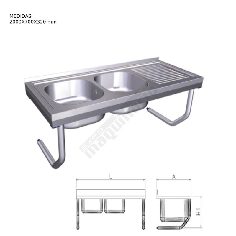 Fregadero colgante con palomillas dos cubetas y un escurridor derecho FR055840