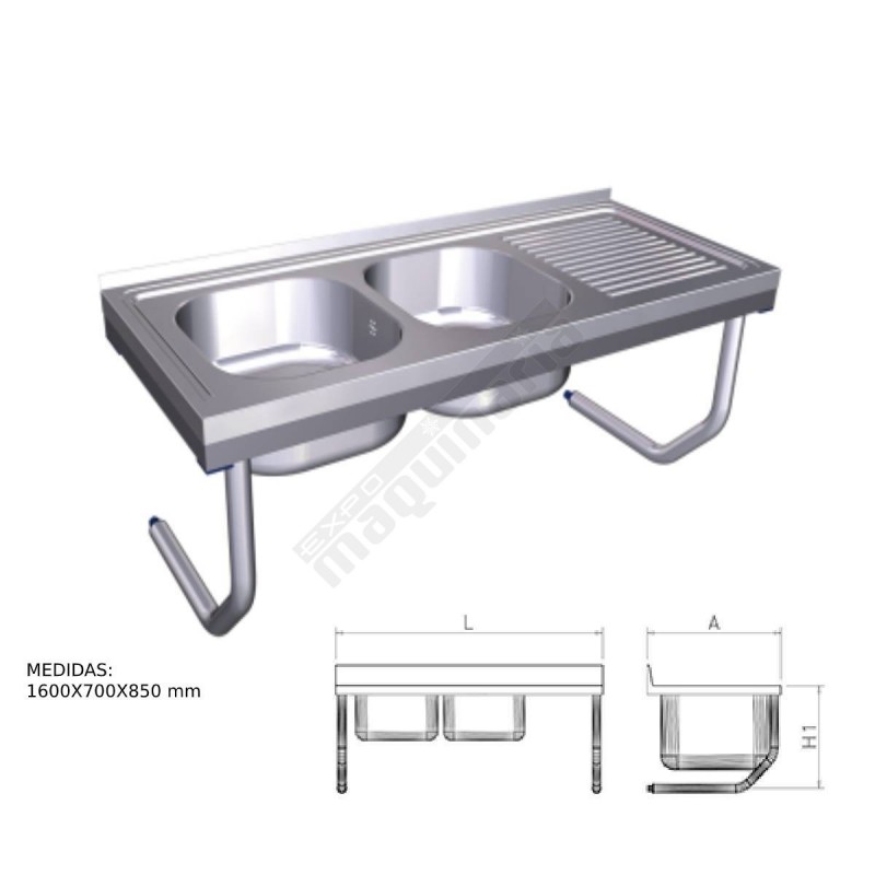 Fregadero colgante con palomillas, 2 cubetas y escurridor derecho FR055846