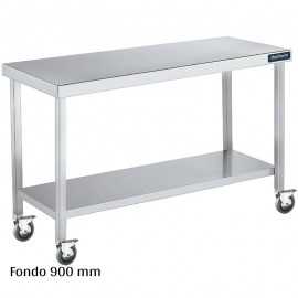 Mesa inox con ruedas y estante Fondo 900 