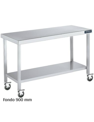 Mesa inox con ruedas y estante Fondo 900 