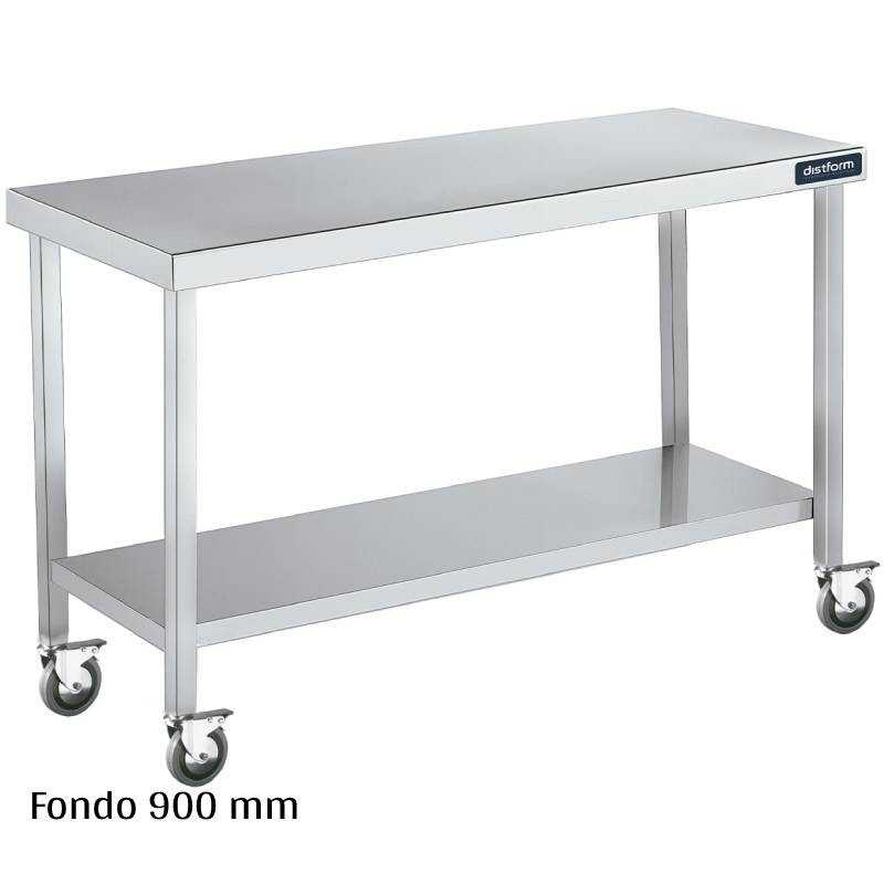 Mesa inox con ruedas y estante Fondo 900 