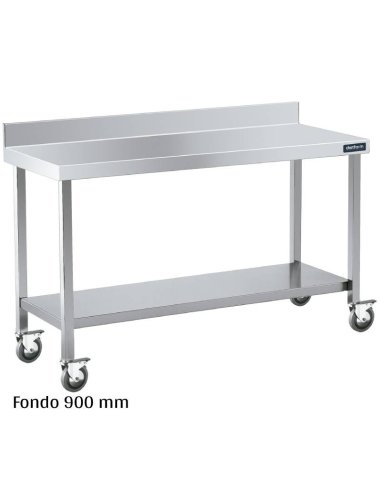 Mesa inox mural con ruedas y estante Fondo 900 