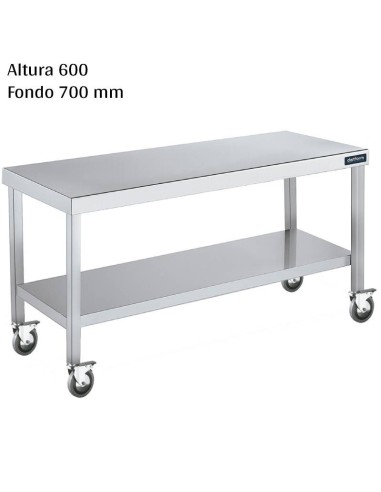 Mesa cocina inox Altura 600 Ruedas y Balda F700