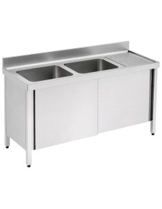 Fregadero inox. con puertas, 2 pozas y escurridor derecha 140x60cm