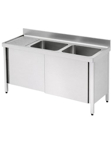 Fregadero inox. con puertas, 2 pozas y escurridor izquierda 140x60cm