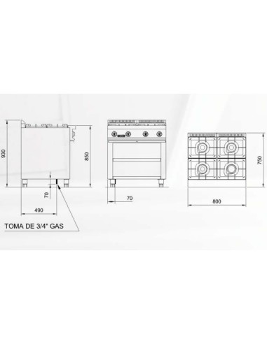 Cocina industrial RE RGCG740/M+S87﻿ repagas con cuatro quemadores a gas